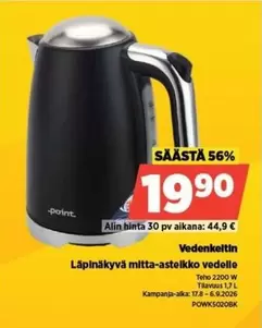 Vedenkeitin Läpinäkyvä mitta-asteikko vedelle Teho 2200 W Tilavuus 1,7 L POWK5020BK
