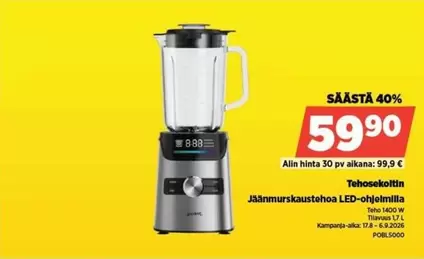 Tehosekoitin Jäänsurkaustehon LED-ohjelmilla
