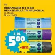 ROSKAKASSI 40 l 15 kpl HENKSELEILLÄ TAI NAUHOILLA