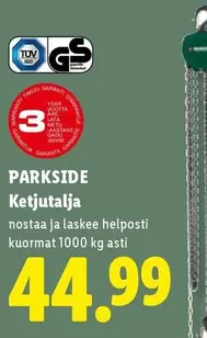 Ketjutalja nostaa ja laskee helposti kuormat 1000 kg asti