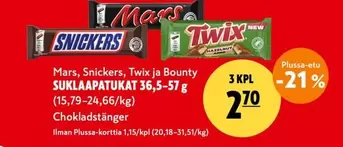 Snickers - Mars, , Twix ja Bounty SUKLAAPATUKAT