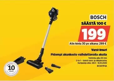 Pidempi akunkesto vaihdettavalla akulla Varsi-imuri