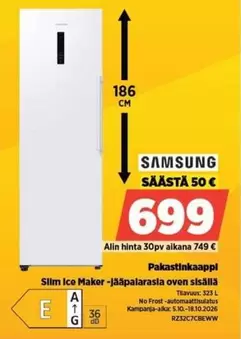 Pakastinkaappi Slim Ice Maker -jääpalasrasla oven sisällä