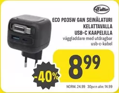 ECO PD35W GAN SEINÄLÄTURIKELATTAVALLA USB-C KAAPELILLA