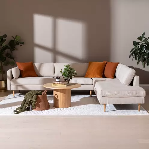 Avokulmasohva (oikea), soro 21 beige / tammijalat