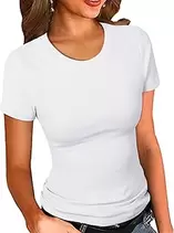 Women's Crew Neck Ribbed Fitted Shirt Basic Short Sleeves Summer T Shirt Tops