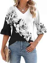 3/4 Length Sleeve Womens Tops Summer V-Neck Blouses Spring Ruffle Sleeve Tunic T-Shirts Dressy Casual