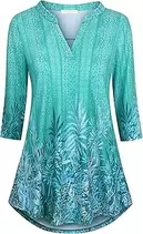 Womens 3/4 Sleeve Floral Printed Notch V Neck Blouses Tunics Tops