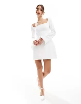 TFNC Bridal square neck satin structured mini dress in white