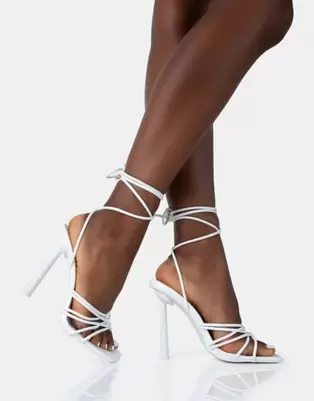 Public Desire Glow up pu knotted strappy lace up square toe stiletto heels in white pu