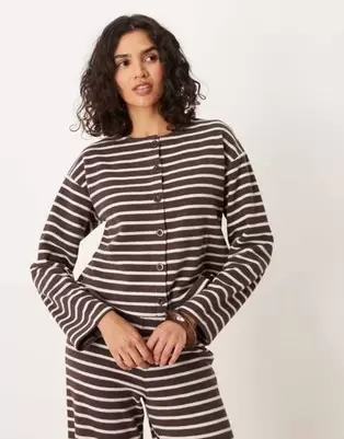 ASOS DESIGN brushed stripe button through long sleeve co ord top in chocolate