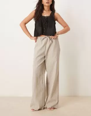 ASOS DESIGN tailored linen look wide leg pull on trousers in taupe stripe