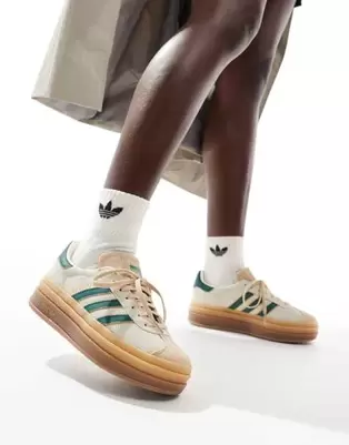 Adidas Originals Gazelle Bold platform trainers in cream and green with gum sole