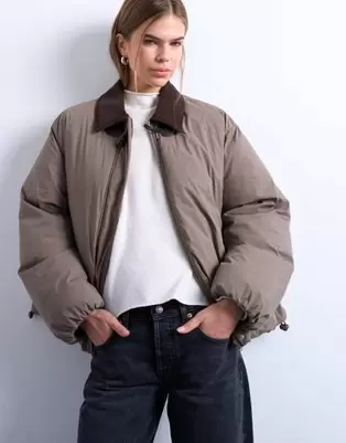 Topshop nylon padded car coat with contrast suedette collar in khaki