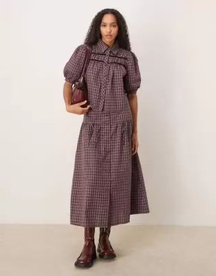 Glamorous drop waist maxi skirt in burgundy black white check co-ord