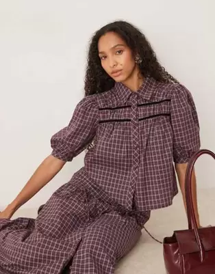 Glamorous ruched shirt in burgundy black white check co-ord