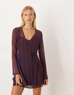 ASOS DESIGN wrap mini dress with ties in burgundy stripe