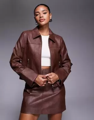 Forever New PU jacket co-ord in walnut