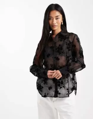 French Connection flocked sheer organza shirt in black