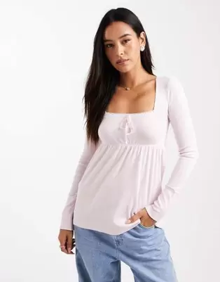 Hollister long sleeve square neck babydoll top in pink