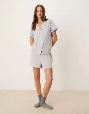 ASOS DESIGN super soft short sleeve shirt & shorts pyjama set with contrast piping in grey