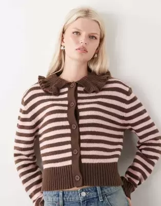 COLLUSION stripe knitted cardi with frill collar in pink and brown stripe