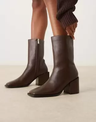 Glamorous Wide Fitblock heel square toe boots in brown micro