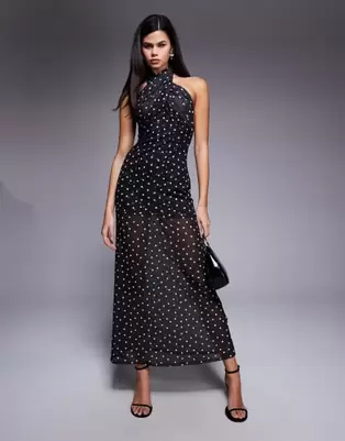 ASOS DESIGN mesh cross over halterneck detail maxi dress with sheer skirt in polka dot print