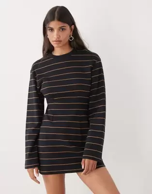 Monki cinched waist long sleeve mini t-shirt dress in black stripe