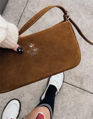 Tommy Jeans Tommy Girl suede shoulder bag with charm in tan