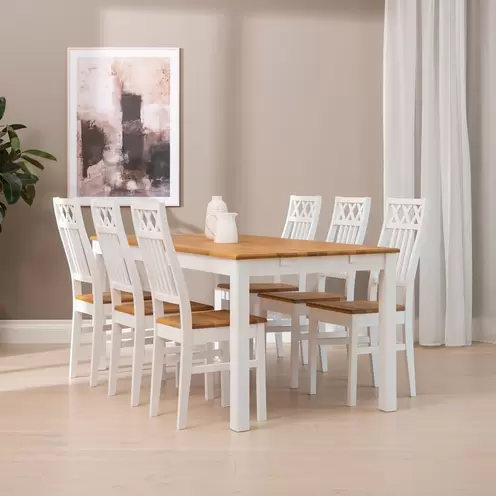 Ruokailuryhmä 170x85. valkoinen/tammen värinen pöytä. valkoinen tuoli, tammi-istuin