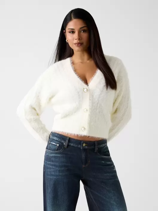 Fuzzy cable-knit cardigan