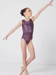 Lasten voimistelupuku kimaltavalla leopardikuosilla – hihaton voimistelupuku