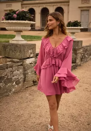 Trumpet Sleeve Frill Short Dress       Trumpet Sleeve Frill Short Dress