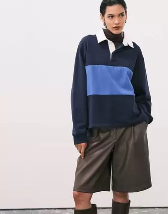 ASOS DESIGN heavyweight rugby polo sweatshirt with blue stripe in navy