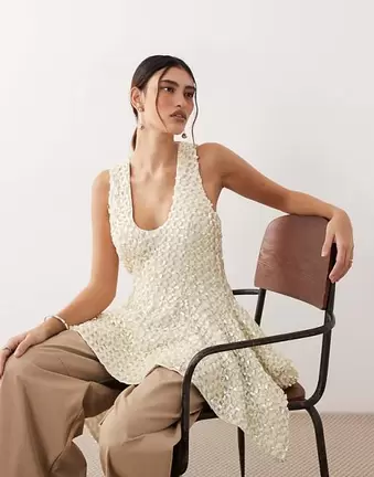 ARRANGE all over pearl embellished square hem peplum top in ivory