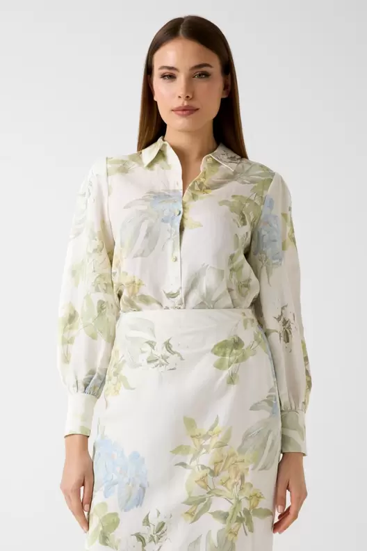 Linen-blend printed shirt