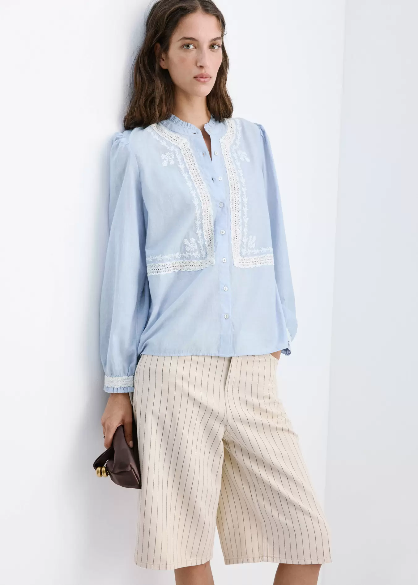 Embroidered cotton blouse with ruched details