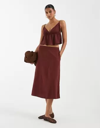 Vero Moda linen touch cami strap top and midi skirt set in burgundy