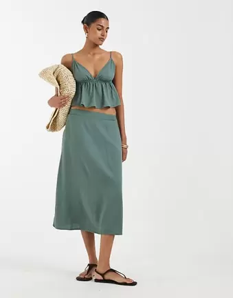 Vero Moda linen touch cami strap top and midi skirt set in green