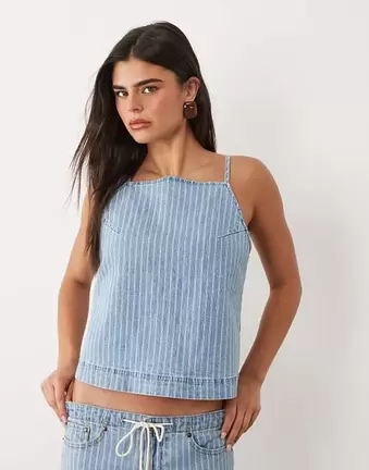 Abercrombie & Fitch tie-back denim cami top in blue stripe co-ord
