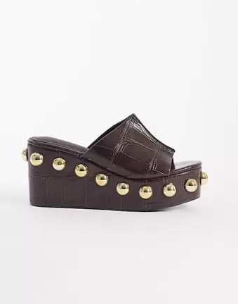 ASOS DESIGN Tessa wedge with oversized studs in chocolate croc