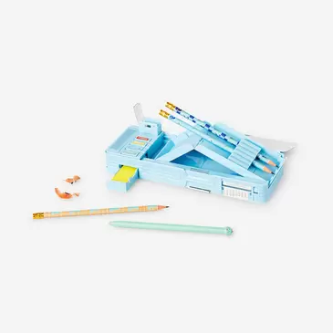 Blue multi functional pencil case with dinosaur