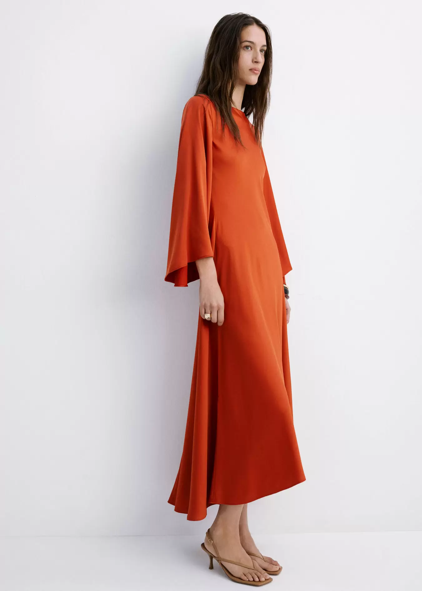 Flared-sleeve satin dress