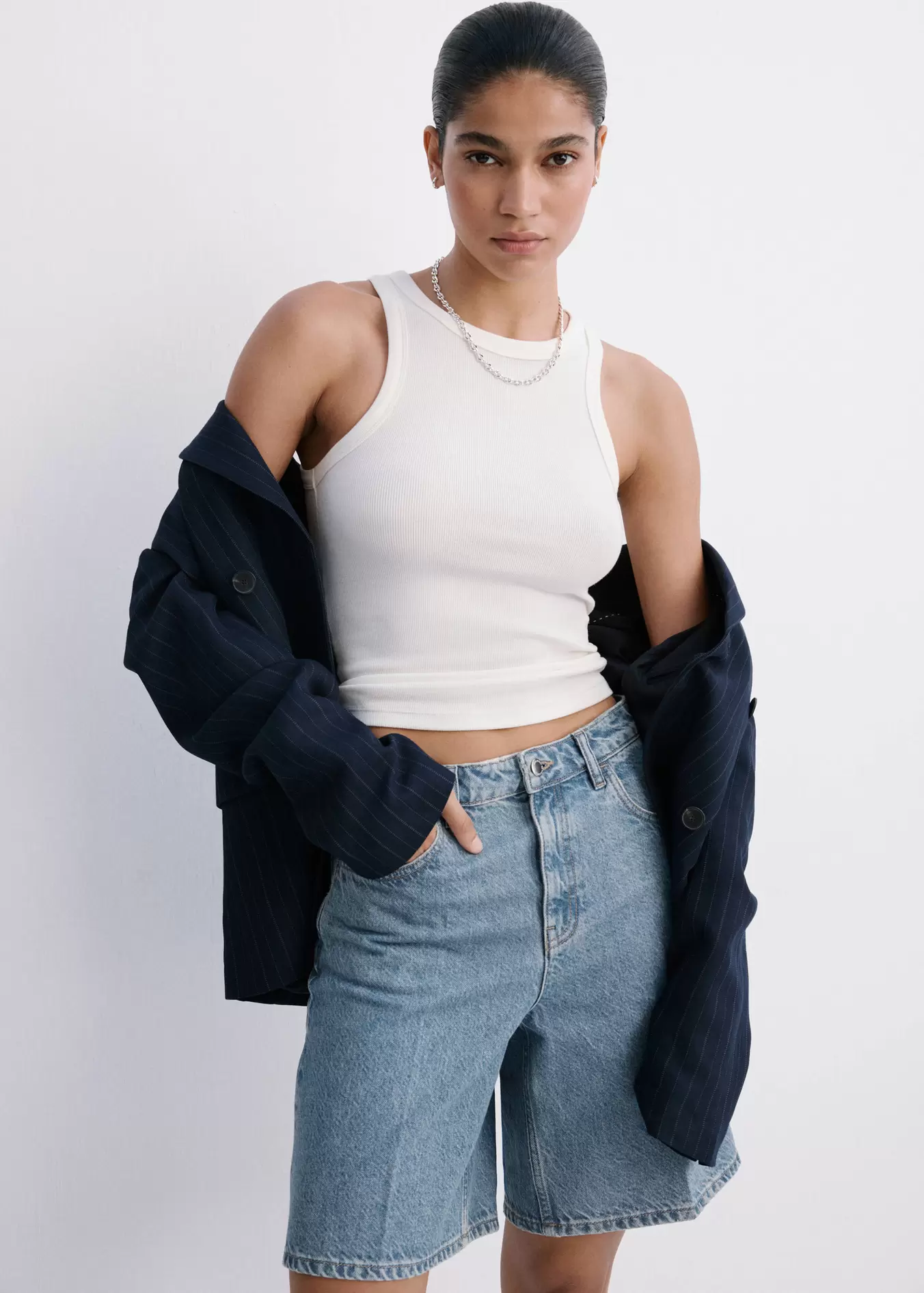 High-waist straight-fit denim shorts