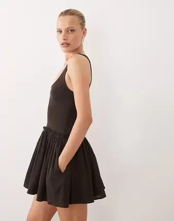 ASOS DESIGN dropped waist mini dress with crinkle cotton skirt in chocolate