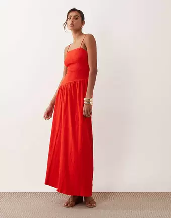 ASOS DESIGN crinkle cami tie back midi dress with asym waist in red