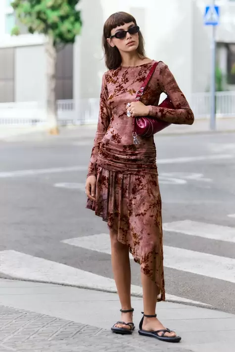 Asymmetric flocked dress