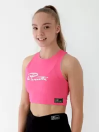 Lyhyt treenitoppi -kimallepainatuksella – Hot pink