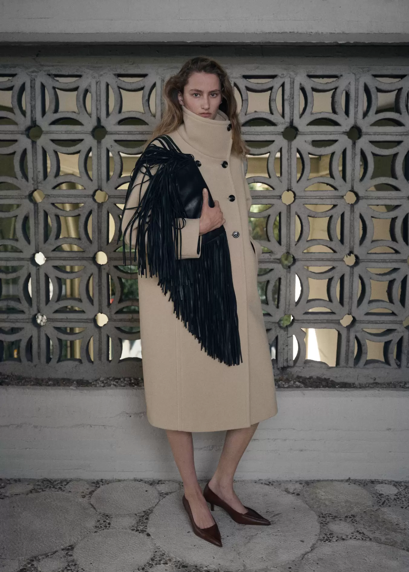 Wool-blend funnel-neck coat